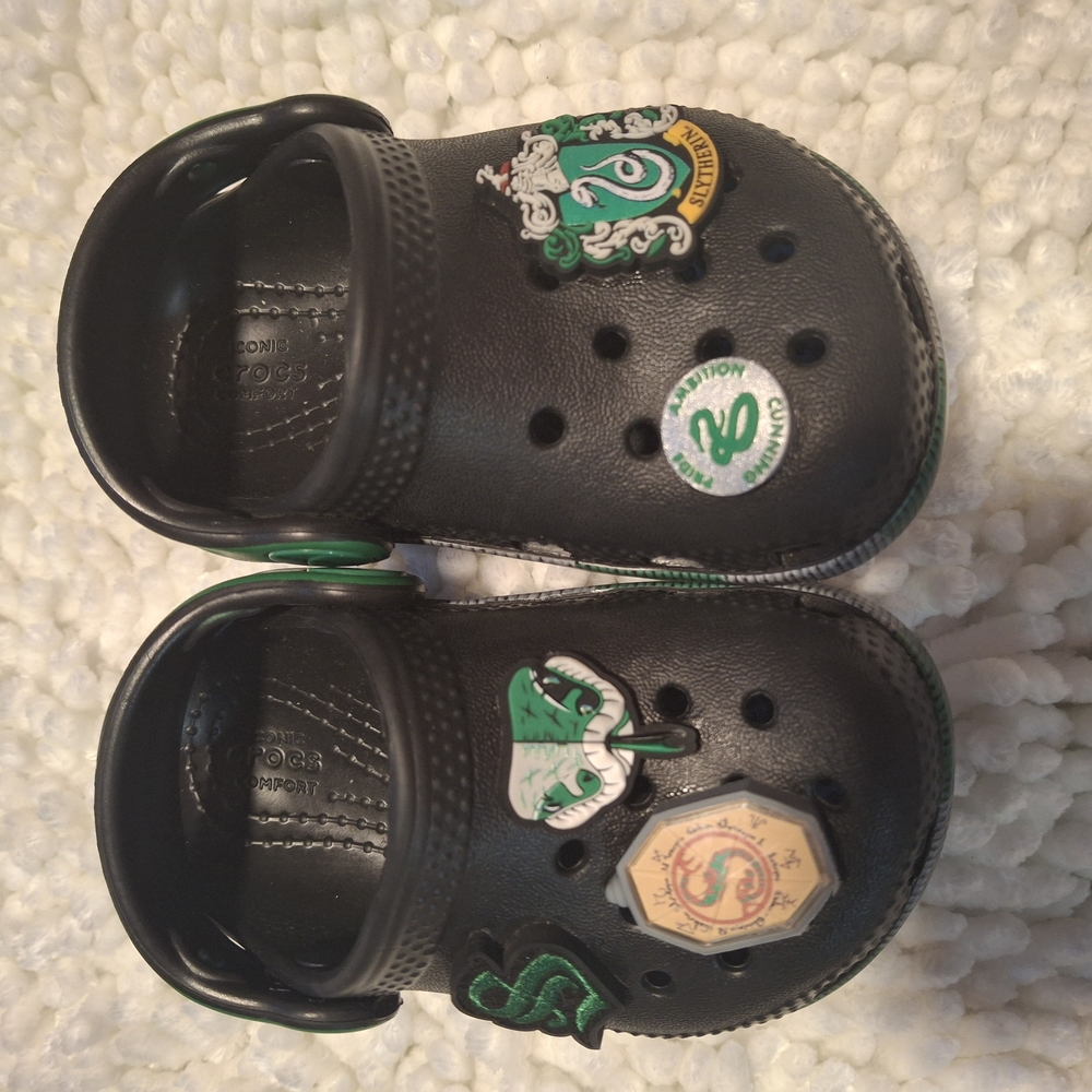 Little Kiids Black Crocs with Green Accents